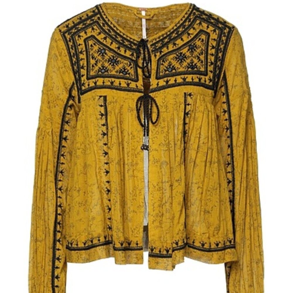 Free People Jacket Women Size S Yellow Twilight Folk Embroidered Embellished